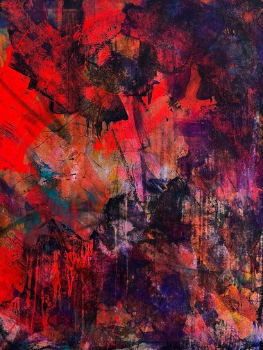 modern abstract painting in teal, red, purple and black
