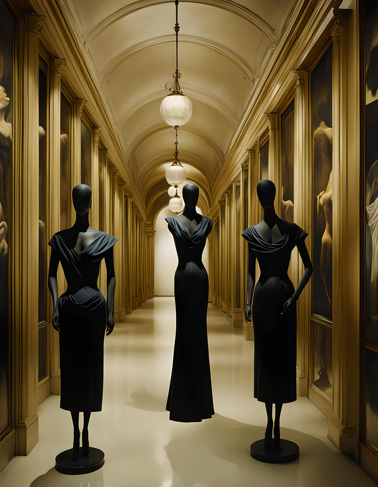 Three female mannequins in black dresses in golden corridor