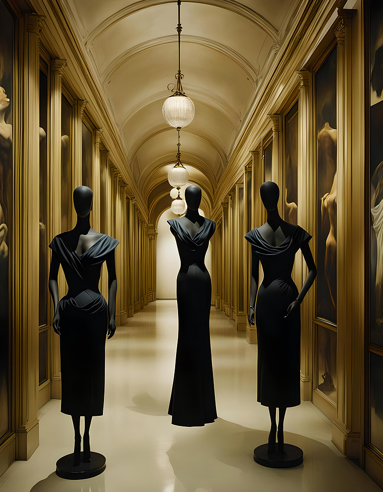 Three female mannequins in black dresses in golden corridor