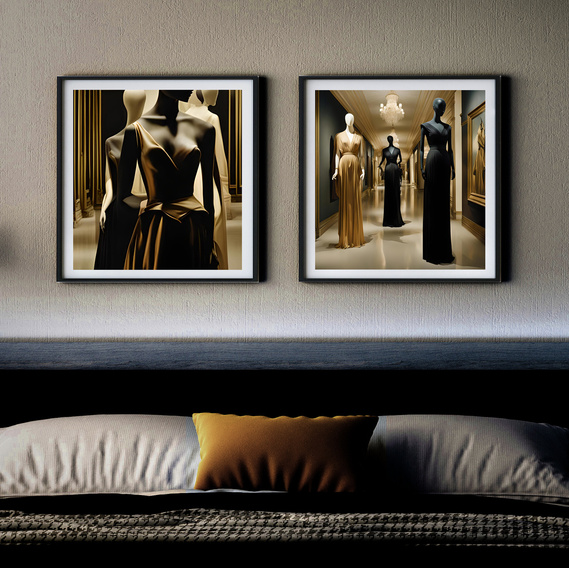 mannequin art prints, framed on wall above bed with gold pillow
