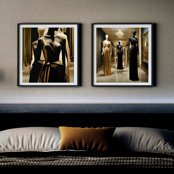 mannequin art prints, framed on wall above bed with gold pillow