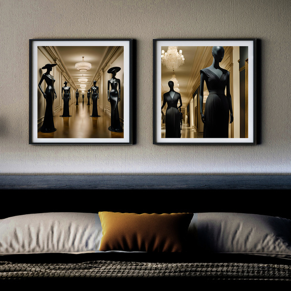 mannequin art prints, framed on wall above bed with gold pillow