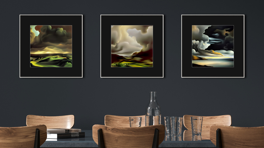 colorful framed modern landscape art grouping seen close-up on wall