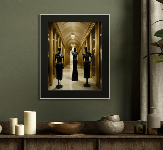 framed surrealism art on wall above table with wooden bowls and candles