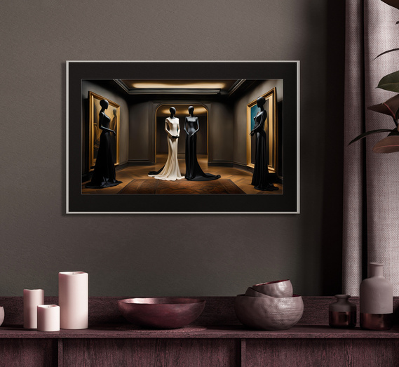 framed surrealism art on wall above table with wooden bowls and candles