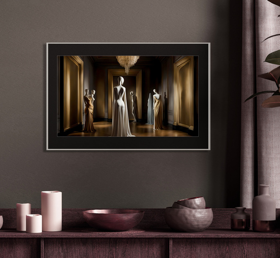 framed surrealism art on wall above table with wooden bowls and candles