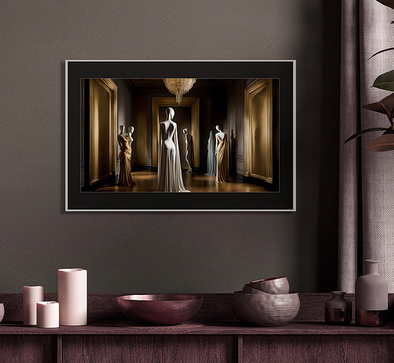 framed surrealism art on wall above table with wooden bowls and candles