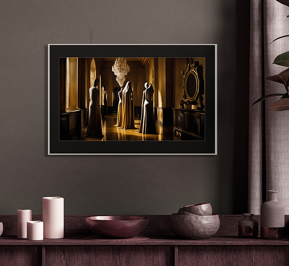 framed surrealism art on wall above table with wooden bowls and candles