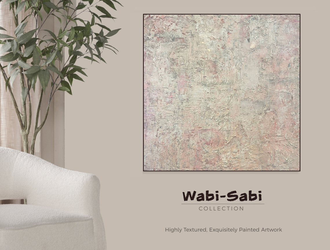 large wabi-sabi painting on wall in pink with white chair and plant.