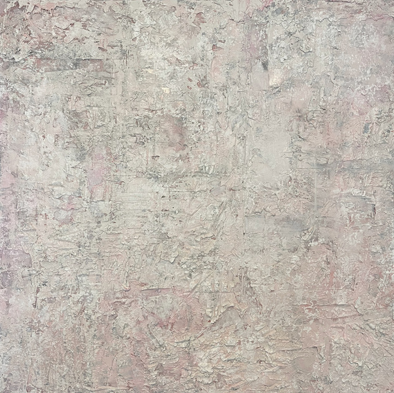 Highly textured abstract wabi-sabi painting in pinks and silver