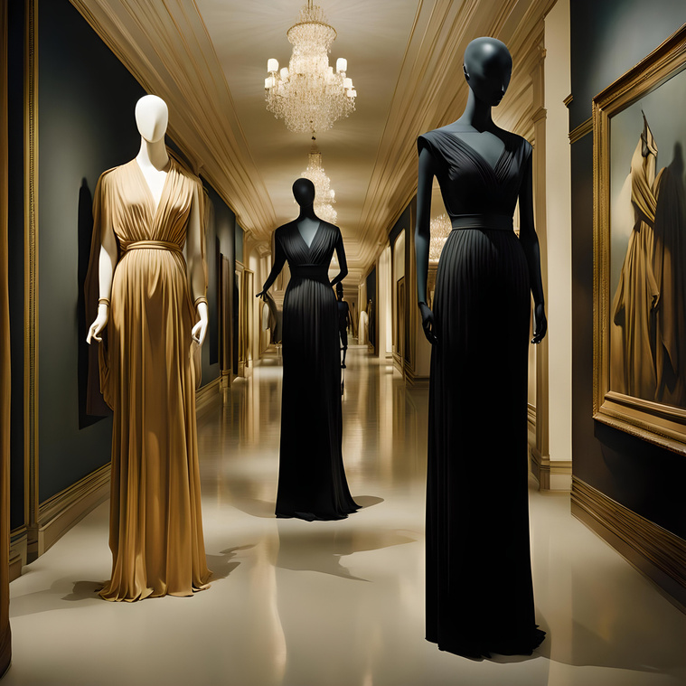 Three female mannequins in black and gold dresses in corridor with polished floor