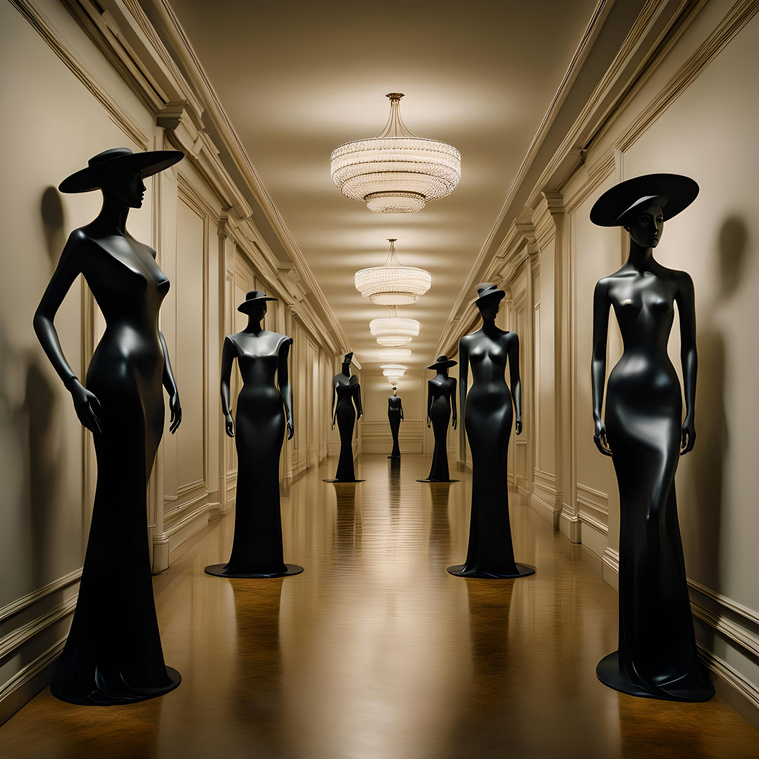 Seven sleek black female mannequins wearing hats in golden hued corridor