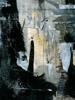 abstract painting in multiple earthy colors such as black, yellow and blue