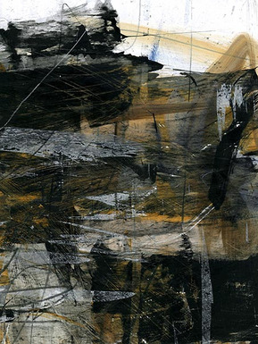 abstract painting in multiple earthy colors such as black, yellow and blue