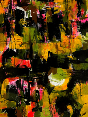 abstract painting in colorful tones of magenta, lime green and gold