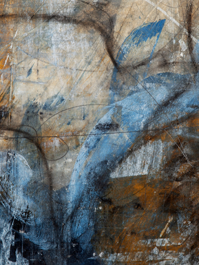 abstract painting in colorful tones of blue and grey