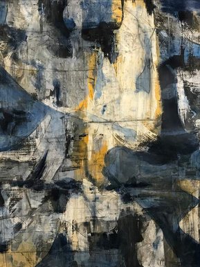 abstract painting in black, blue and yellow