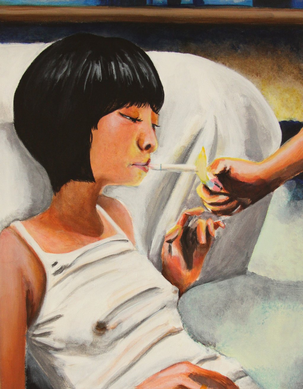 asian woman smoking cigarette on bedroom floor