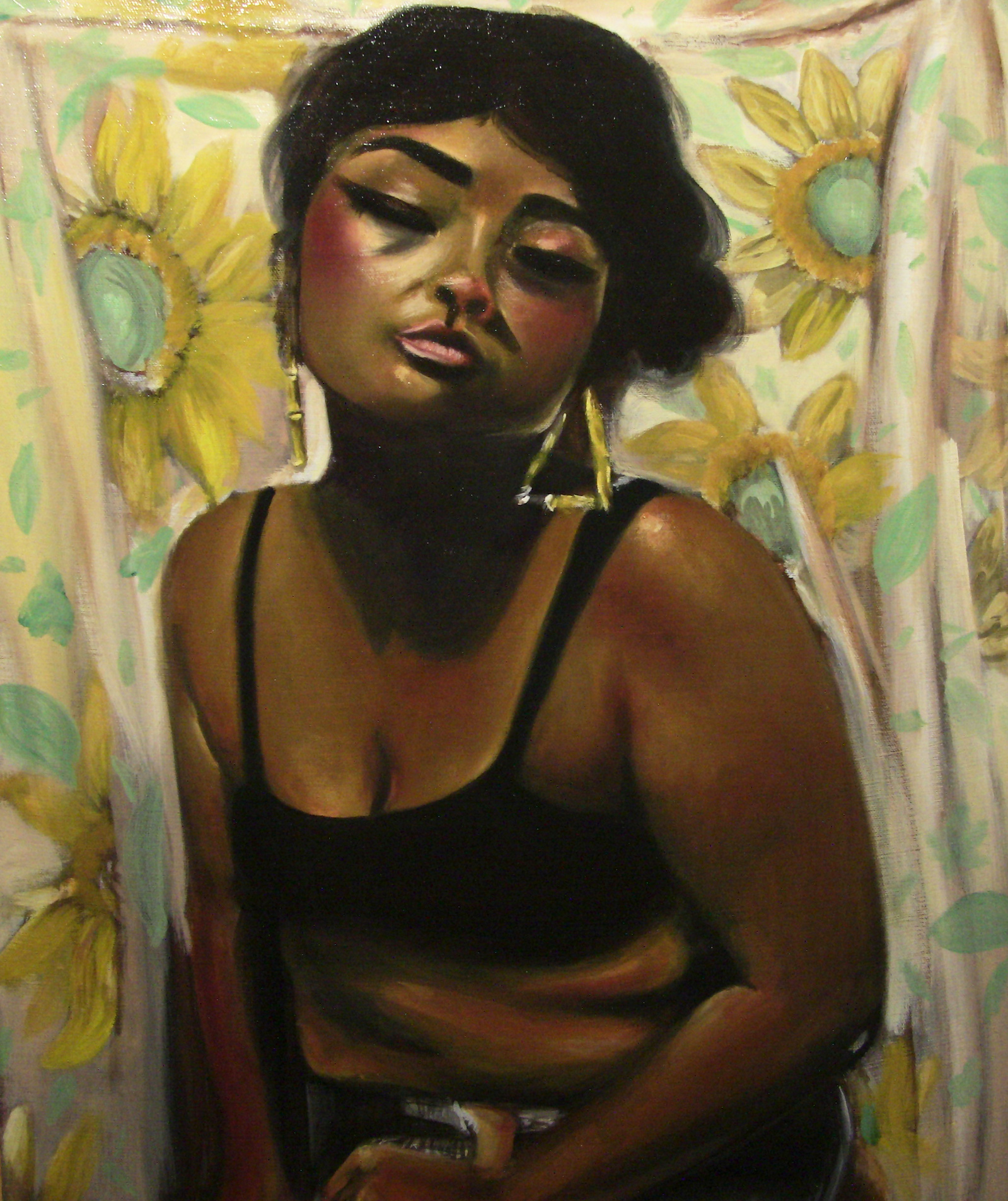 woman alone with sunflower curtains, gold earrings, black bra