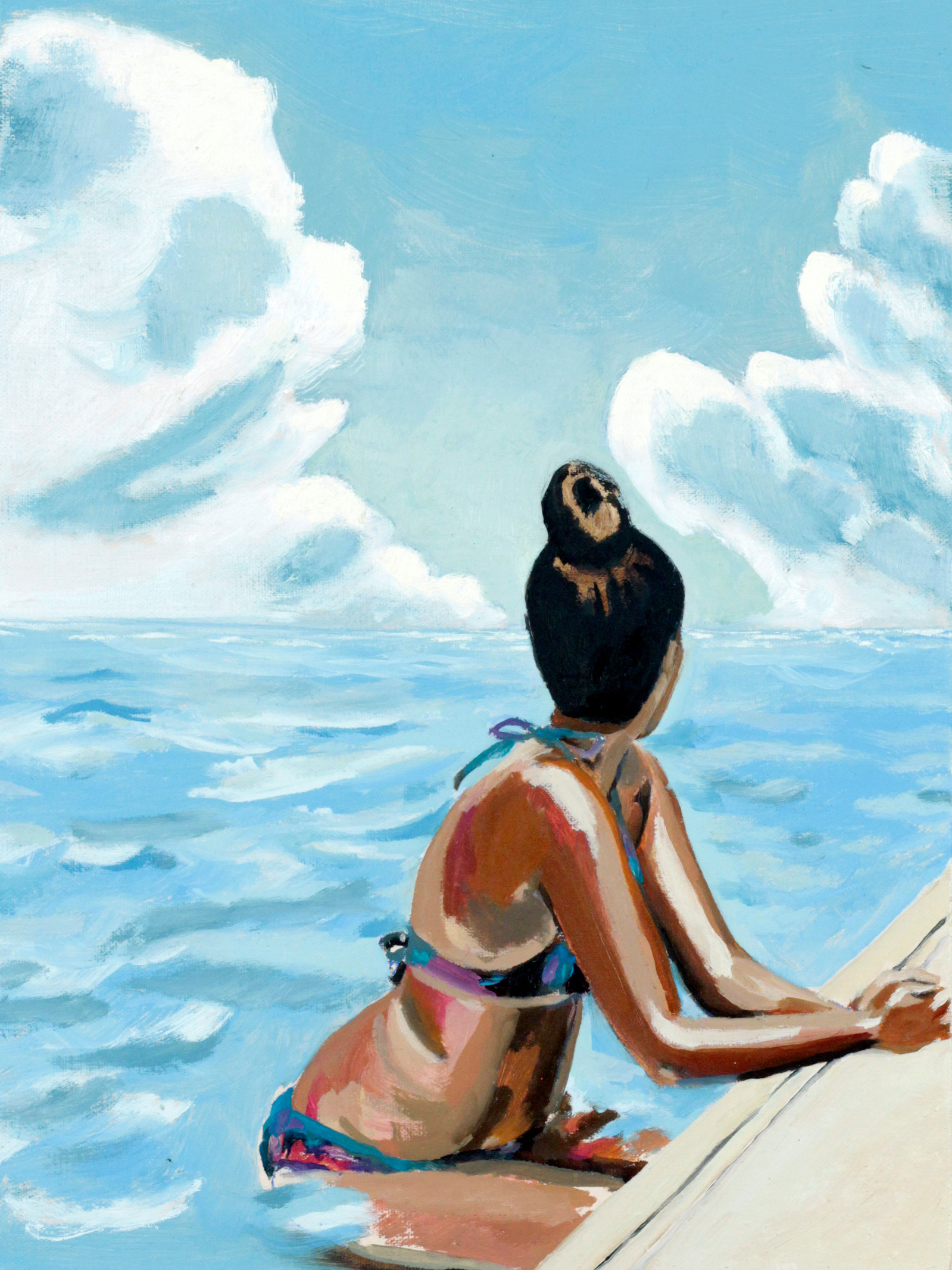 black woman looking away in the distance at a swim up bar near the beach