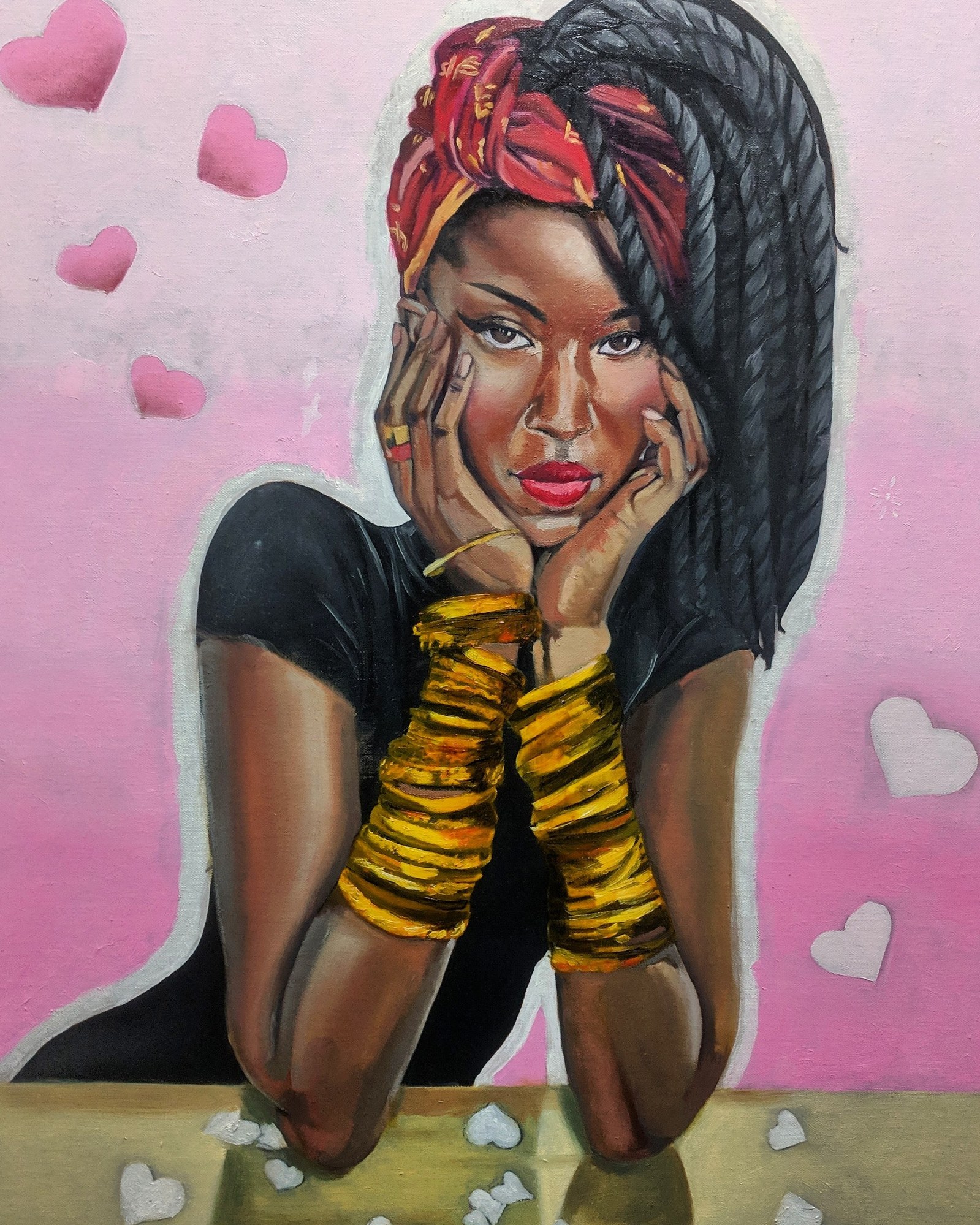 black woman with hearts, gold bangles, senegales twists, hair twists, smiling sweetly
