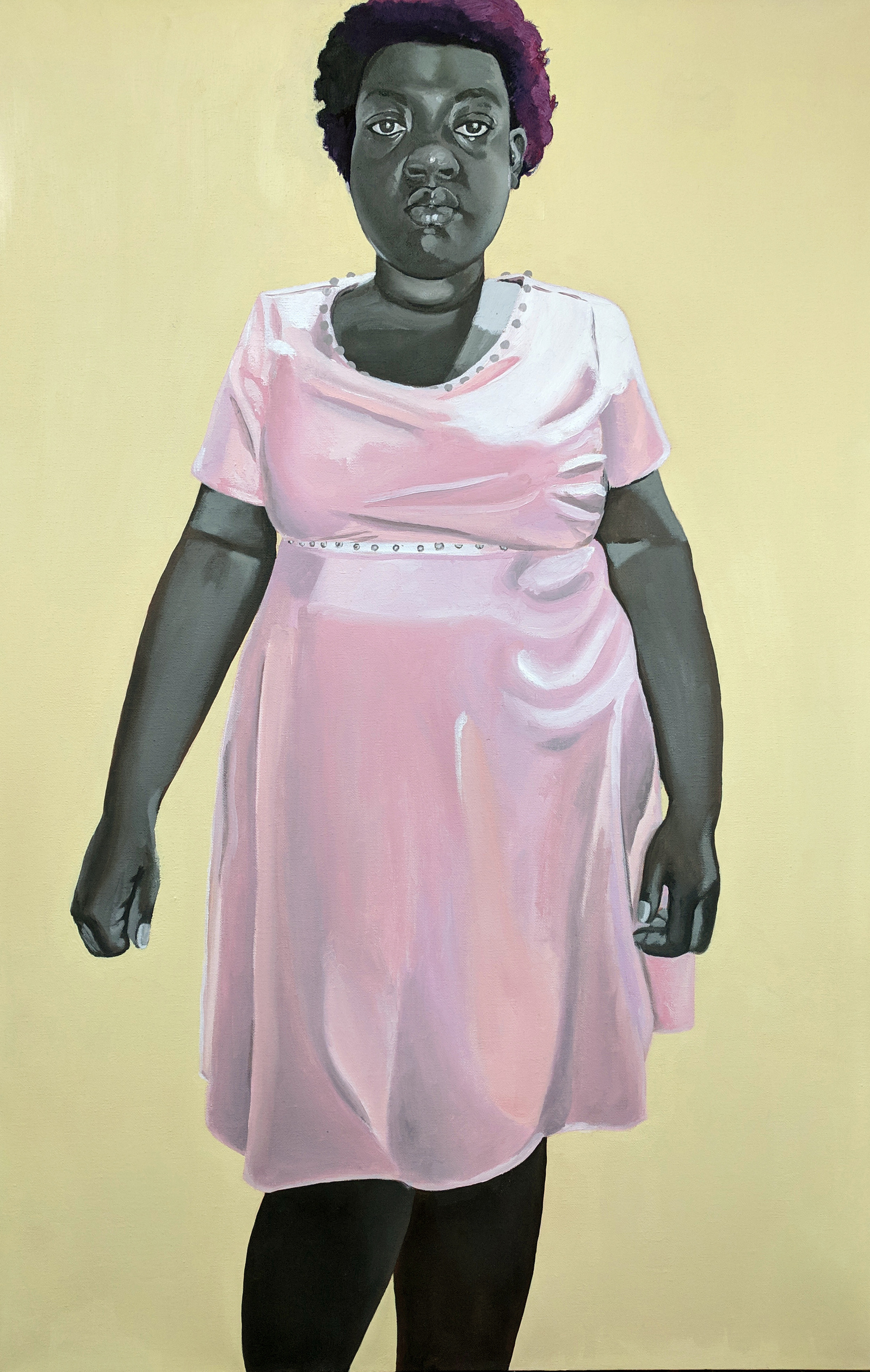amy sherald inspired self portrait, pink dress, purple hair, black woman self portrait