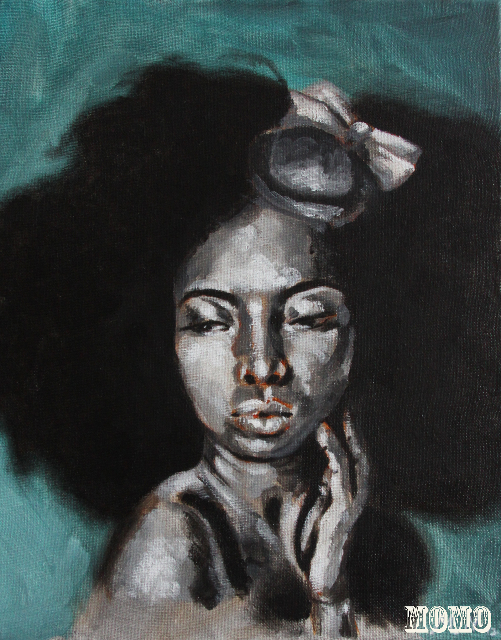 black woman greyscale painting afro hair teal