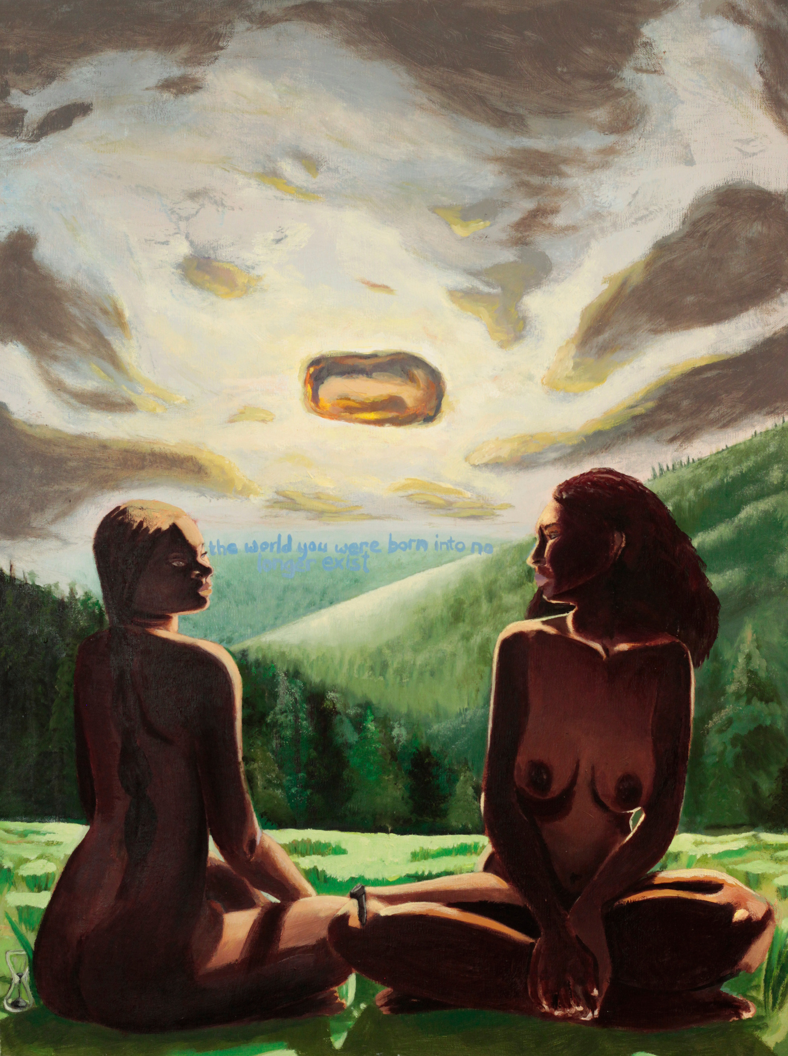 two naked black women sitting in a field with a nuclear explosion test behind them