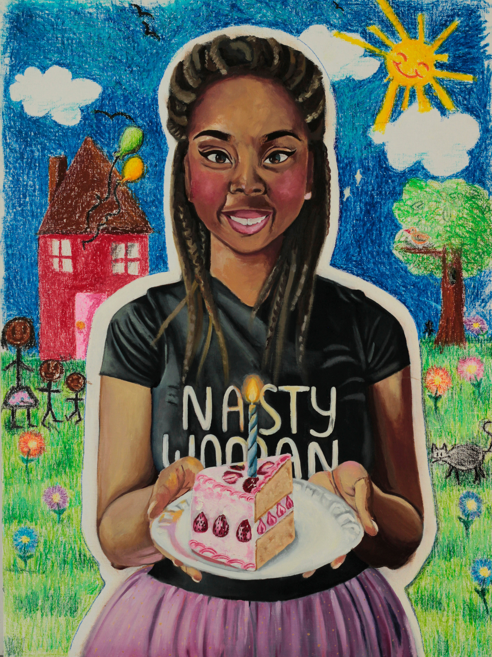 black girl with rosy cheeks sharing a piece of cake