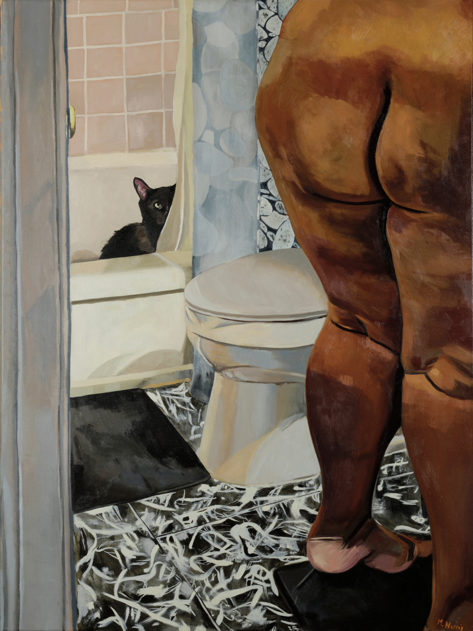 black cat in tub looking at owner standing naked in the bathroom. shower curtain