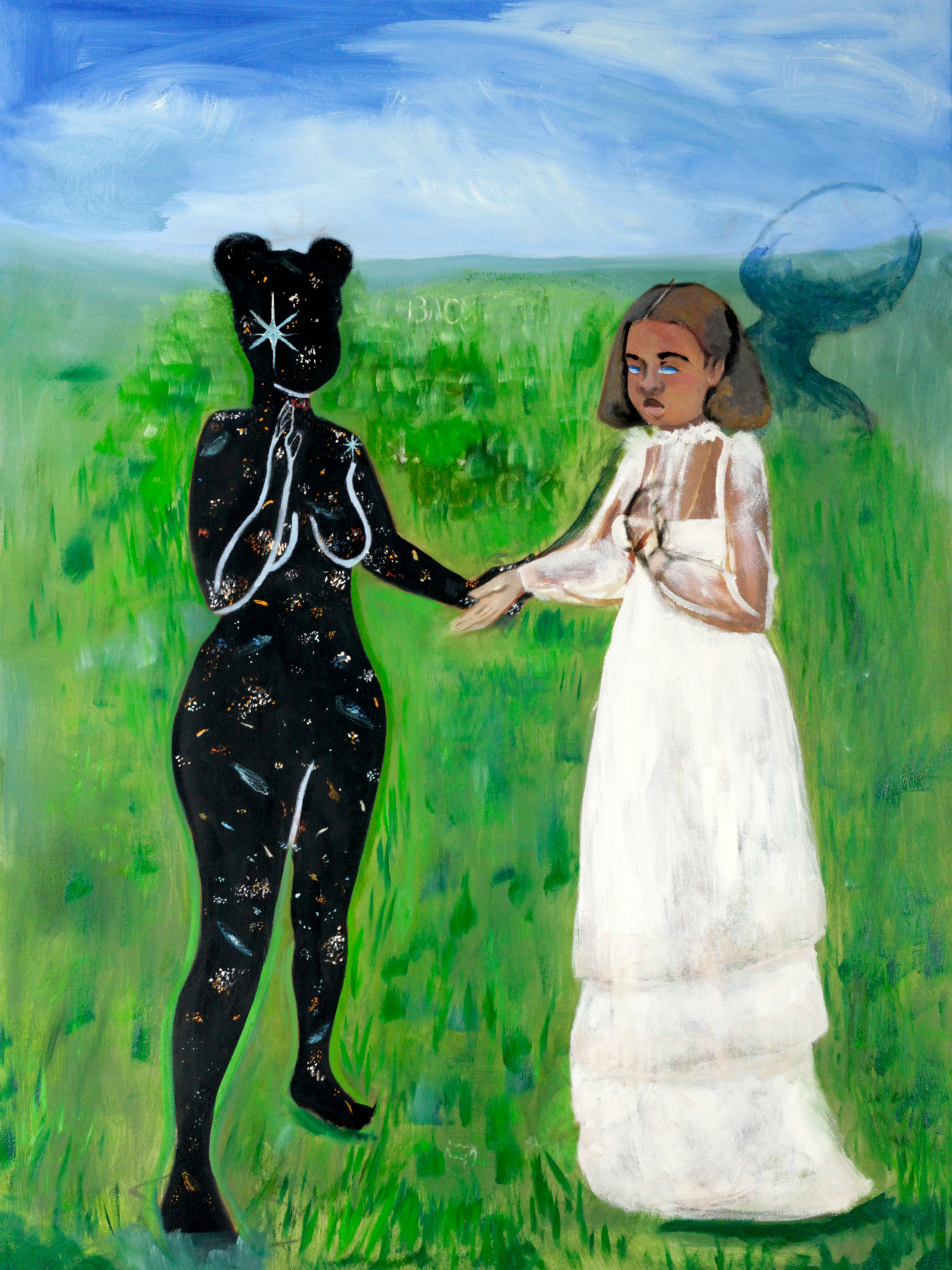 a black woman in a beige dress holds hands with the universe in the garden. an entity rises from her back