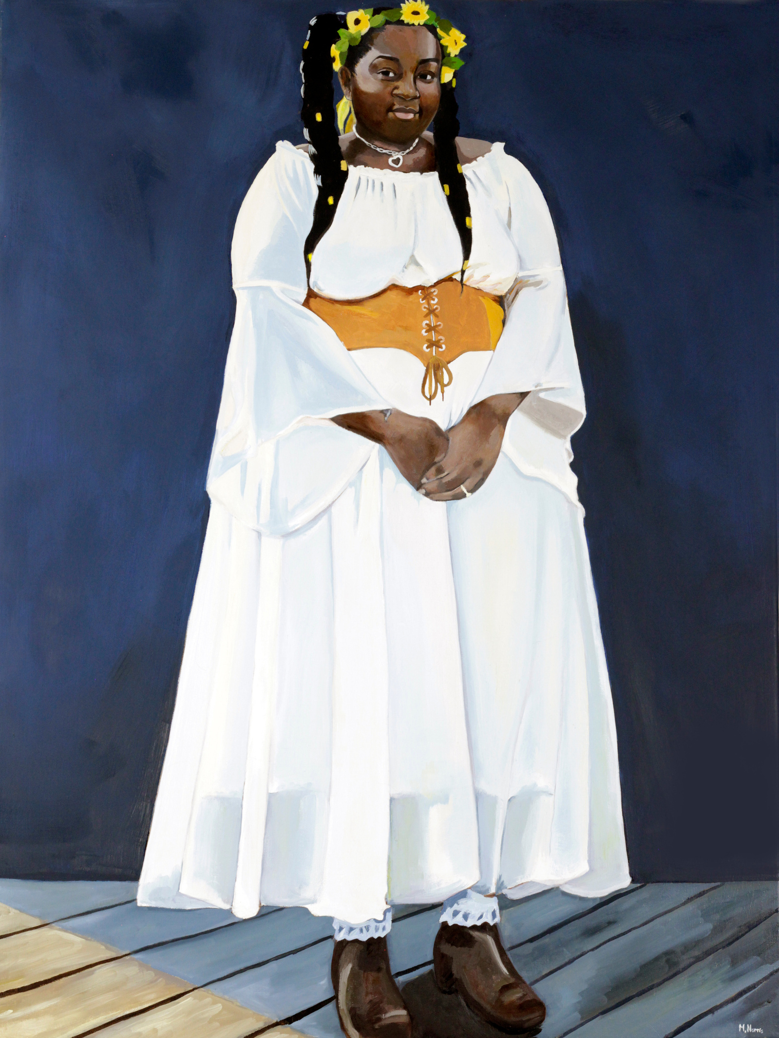 black woman in cosplay at the ren faire in a white dress on a blue stage