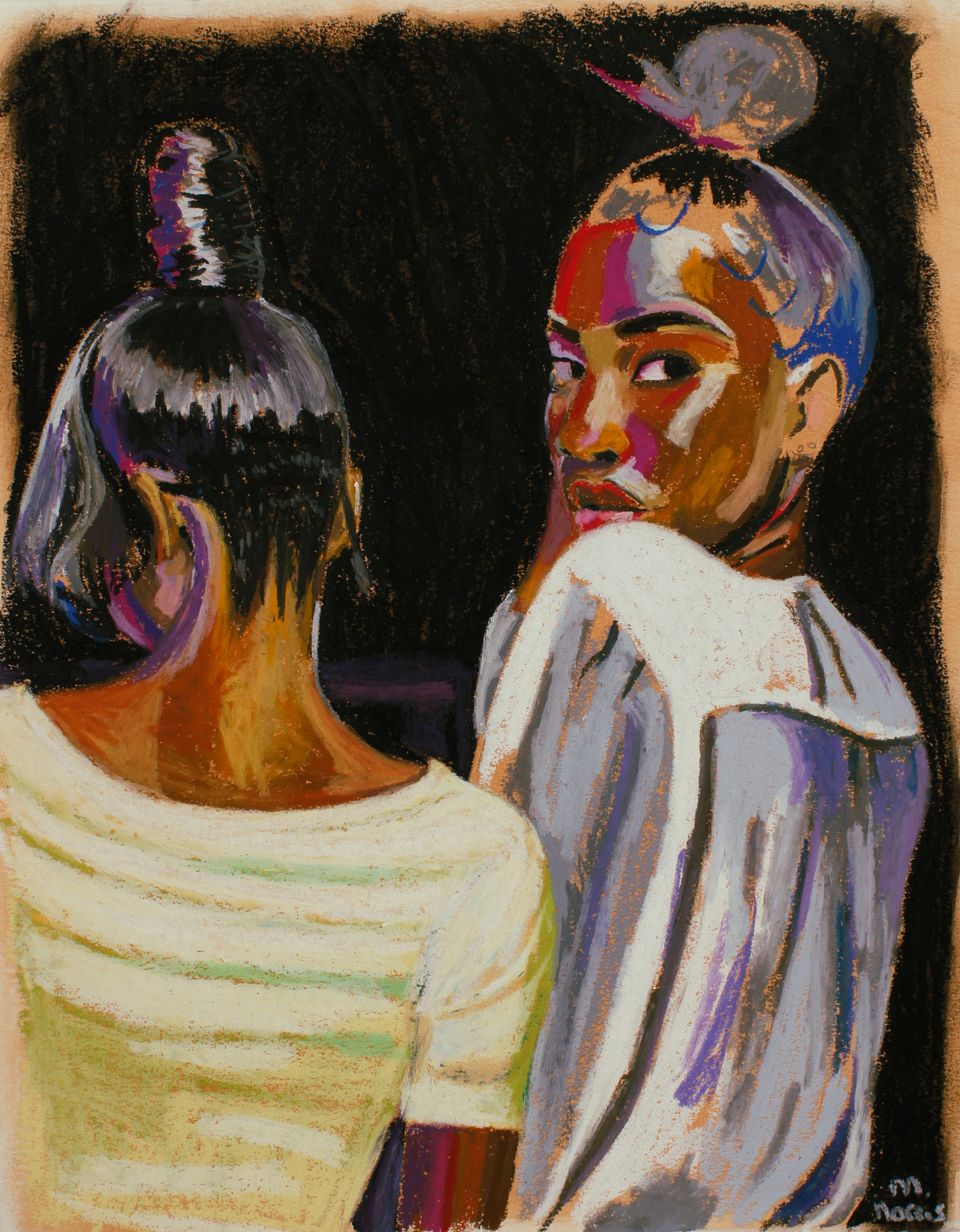 two black women at a night party, one looking over her shoulder at the viewer. high bun, bright lights.
