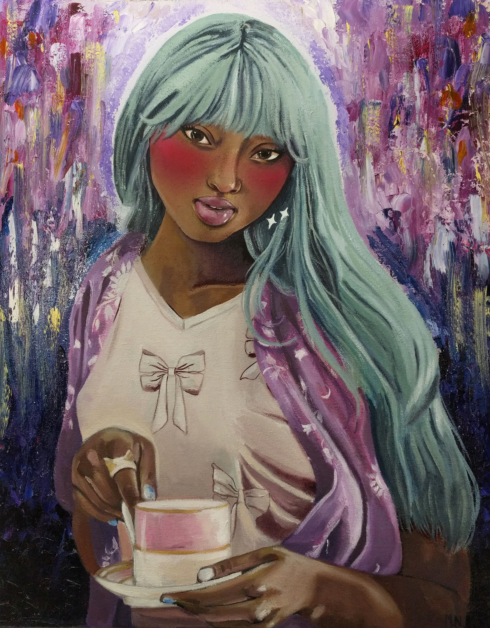black woman holding a teacup, teal hair, pink top, pink cup, rosy cheeks