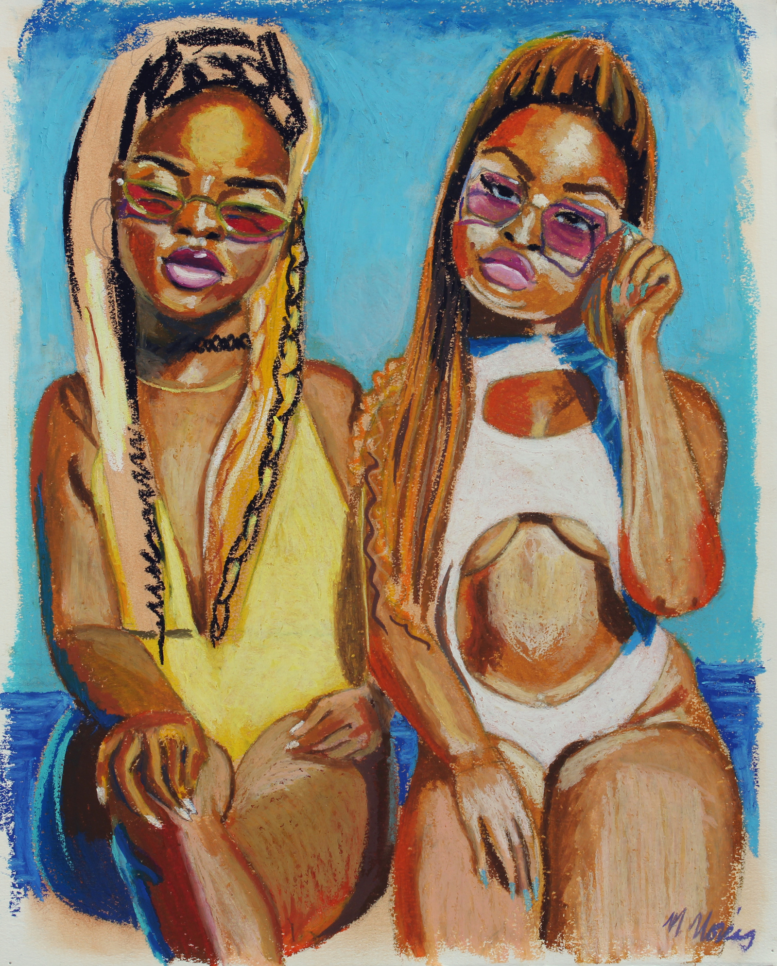 two black women at a boat party waering sunglasses and sexy bathing suits on a sunny day