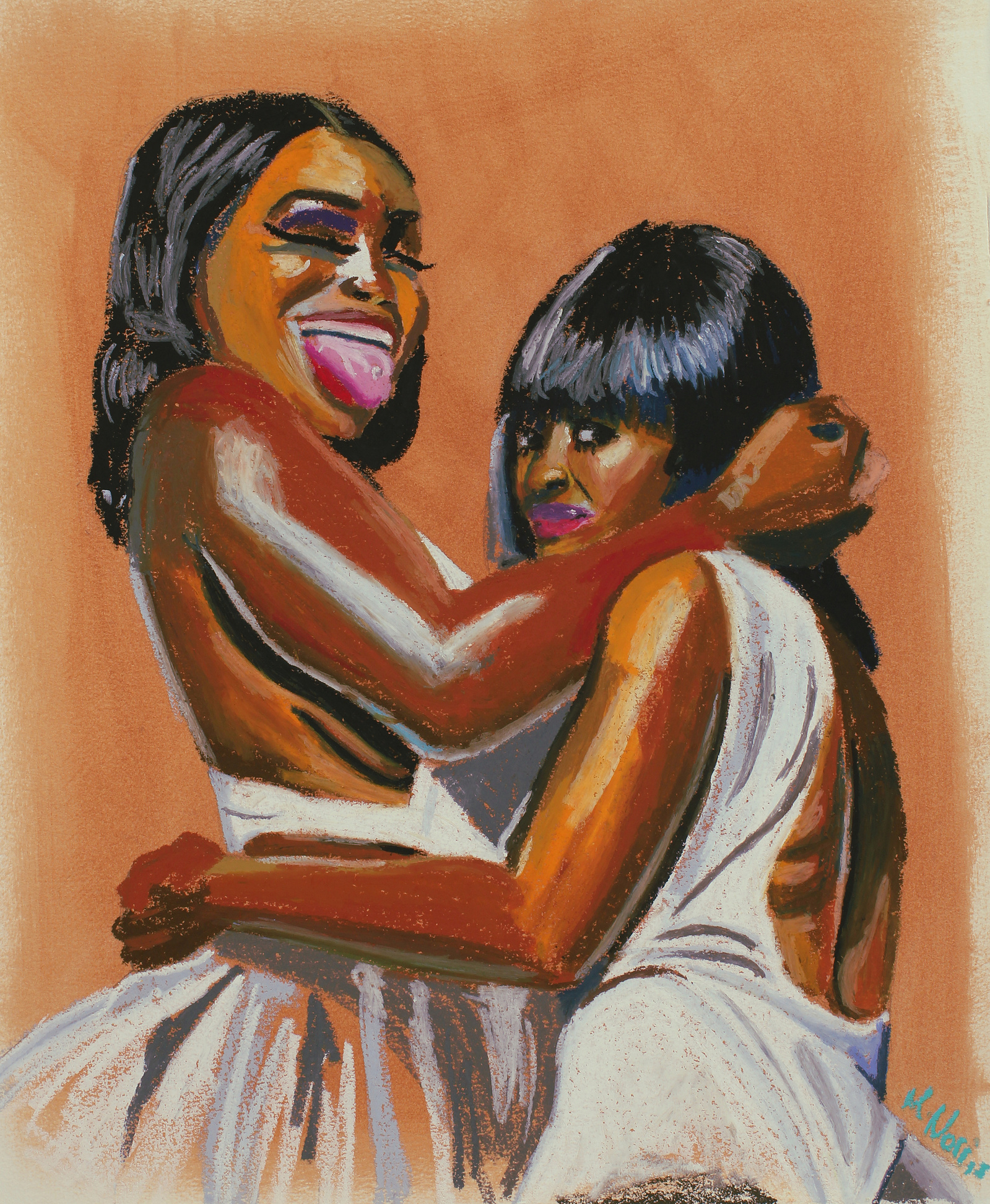 two black women at a party wearing white clothes, tongue sticking out