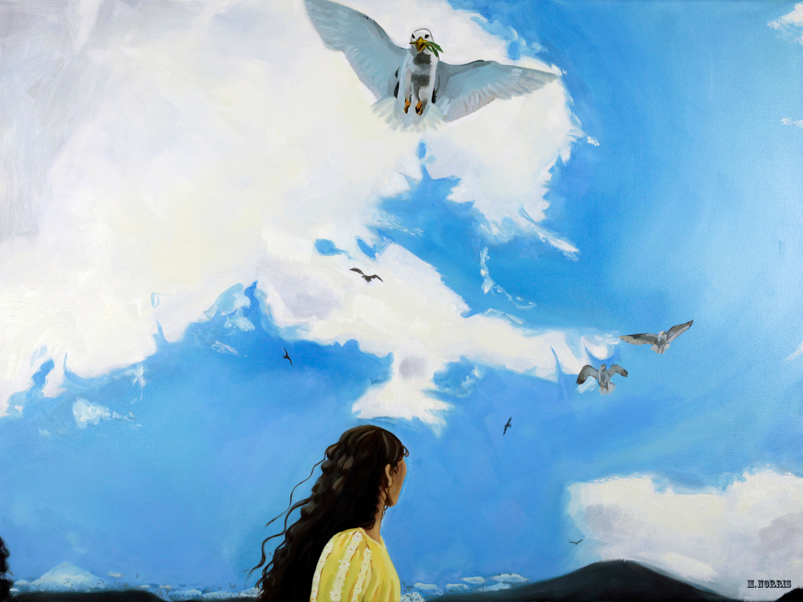woman on sunny day looking up at the clouds as a dove with olive branch descends towards the viewer