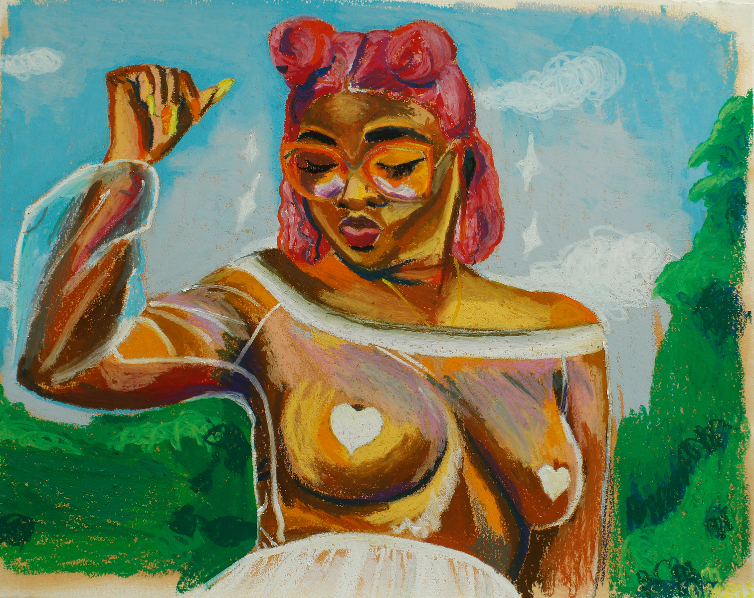 black woman with pink hair in a park while dancing wearing a mesh top