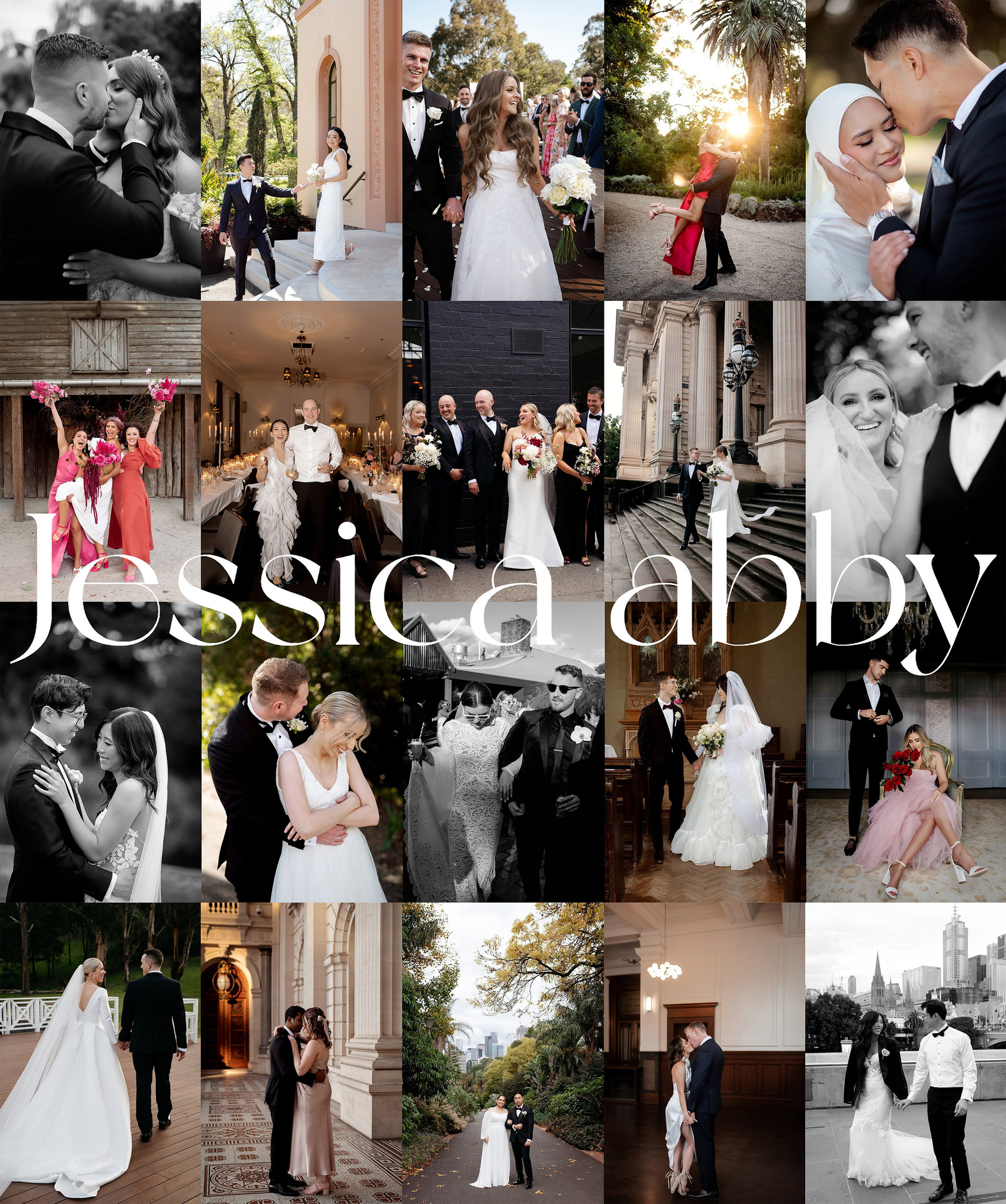 A collage of Melbourne wedding photographer images with the photographers name in large white font Jessica Abby