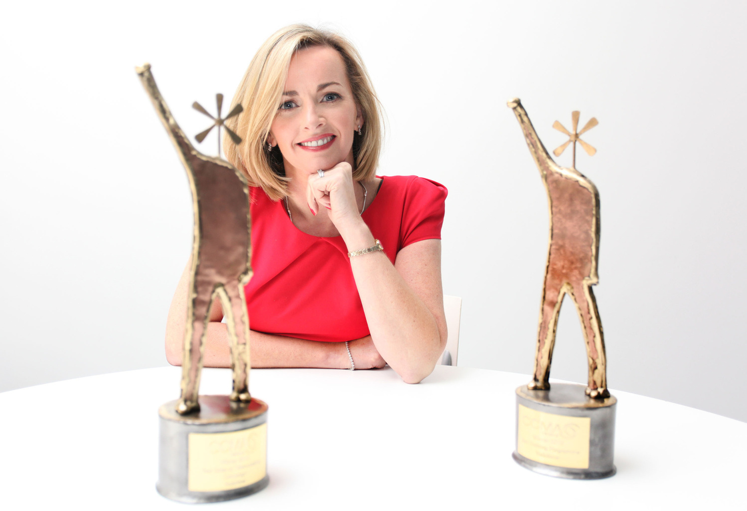 Head and Shoulders professional portrait of corporate female sitting at a desk with two awards in foreground. Awards photographer Dublin 