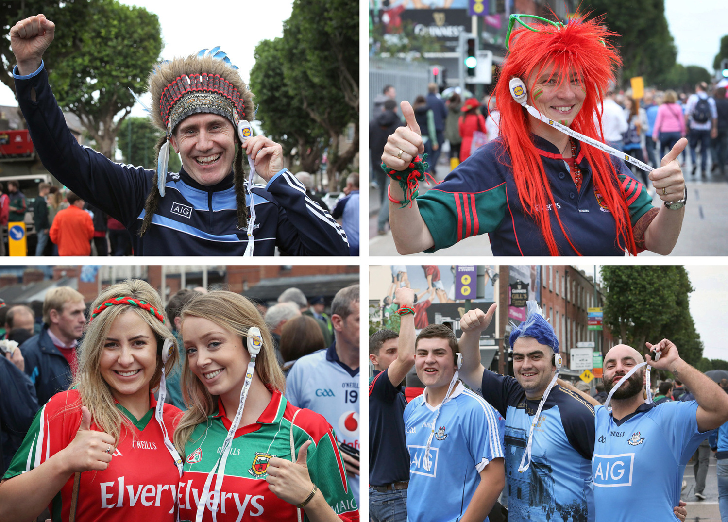 Collage of images of Dublin and Mayo fans photographed at the LGFA All Ireland Final wearing Lidl headpiece. Event Photographer Dublin