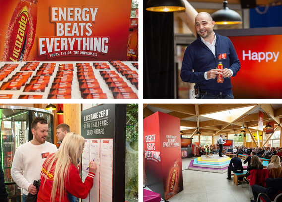 Collage of corporate branded images from Lucozade employee team building corporate event in Dublin. Professional photographer