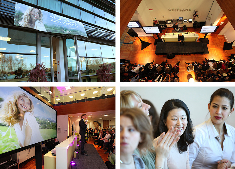 Collage of professional live event photos from Oriflame corporate event in Dublin, Ireland.  Male speakers at podium, attendees networking, corporate group photo with corporate branding. Event photographer Dublin