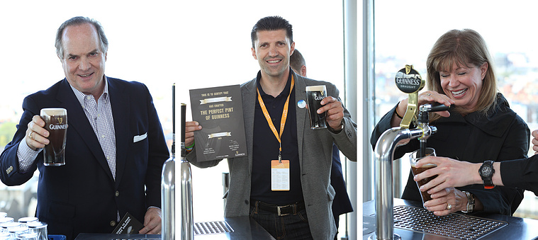 Corporate team building event in Guinness Storehouse Dublin. Professional event photo of male & female attendees with a pint of Guinness and a certificate. Event photographer dublin 