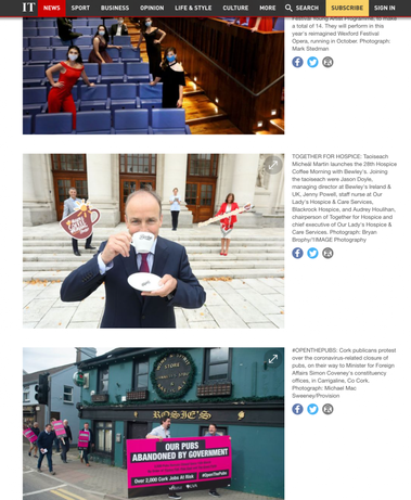 Online Press coverage tearsheet of An Taoiseach Micheál Martin launches the Bewleys 28th Hospice Coffee Morning at a press PR Media Photocall outside government buildings. Professional PR Photographer