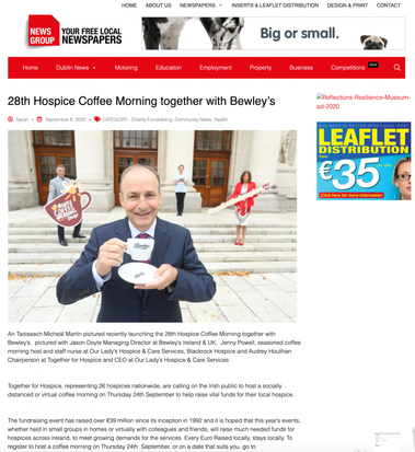 Online Press coverage tearsheet of An Taoiseach Micheál Martin launches the Bewleys 28th Hospice Coffee Morning at a press PR Media Photocall outside government buildings. Professional PR Photographer
