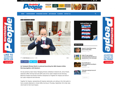 National Press coverage tearsheet of An Taoiseach Micheál Martin launches the Bewleys 28th Hospice Coffee Morning at a press PR Media Photocall outside government buildings. Professional PR Photographer