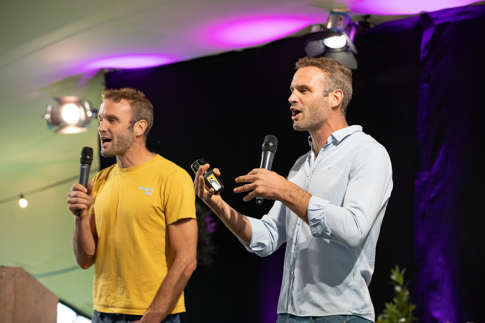 The Happy Pear, David and Stephen Flynn pictured talking onstage at the Food On The Edge symposium at Airfield Estate, Dundrum, Dublin. Corporate Live Event & Food Photographer, Bryan Brophy 