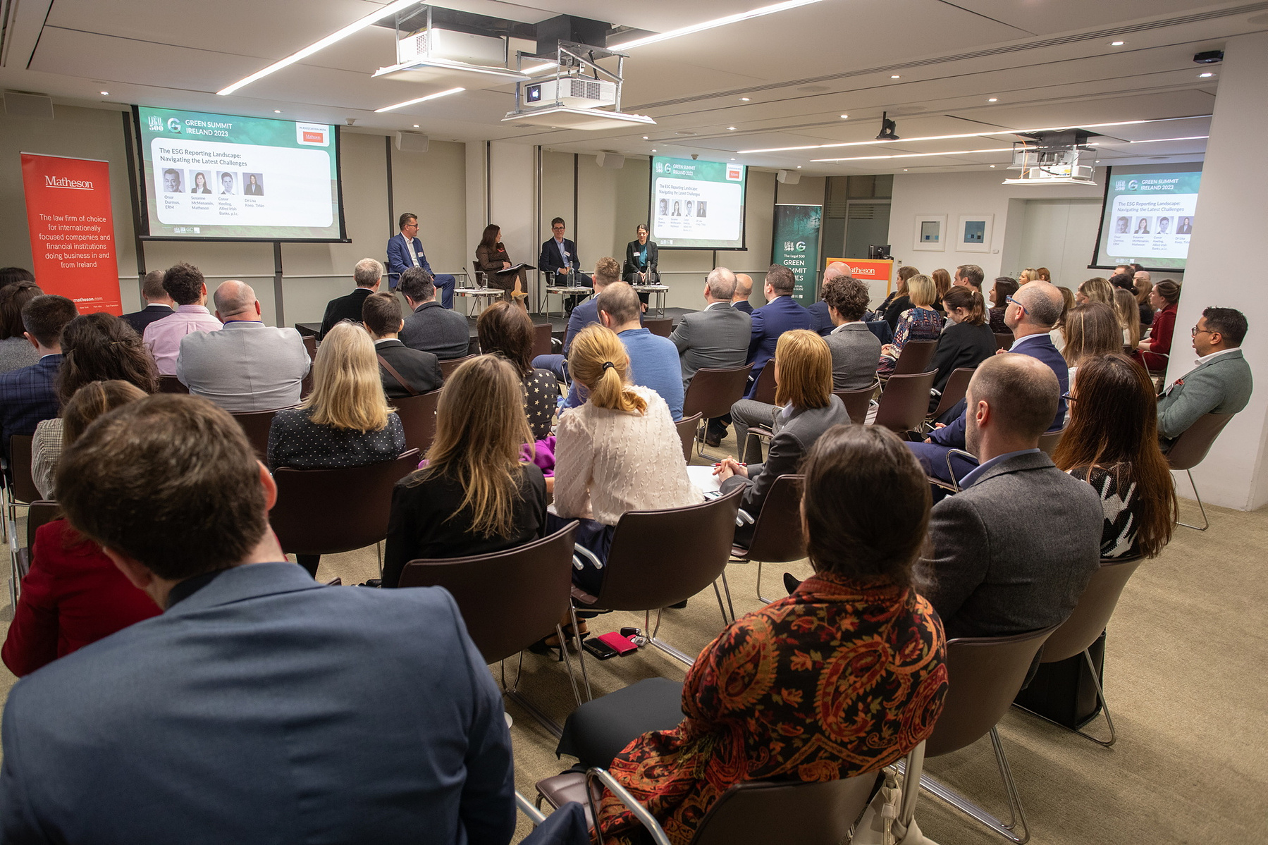 Event photo of the panel at The Legal 500, Green Summit Ireland 2023 at Matheson LLP Dublin. Corporate event photography www.eventimage.ie