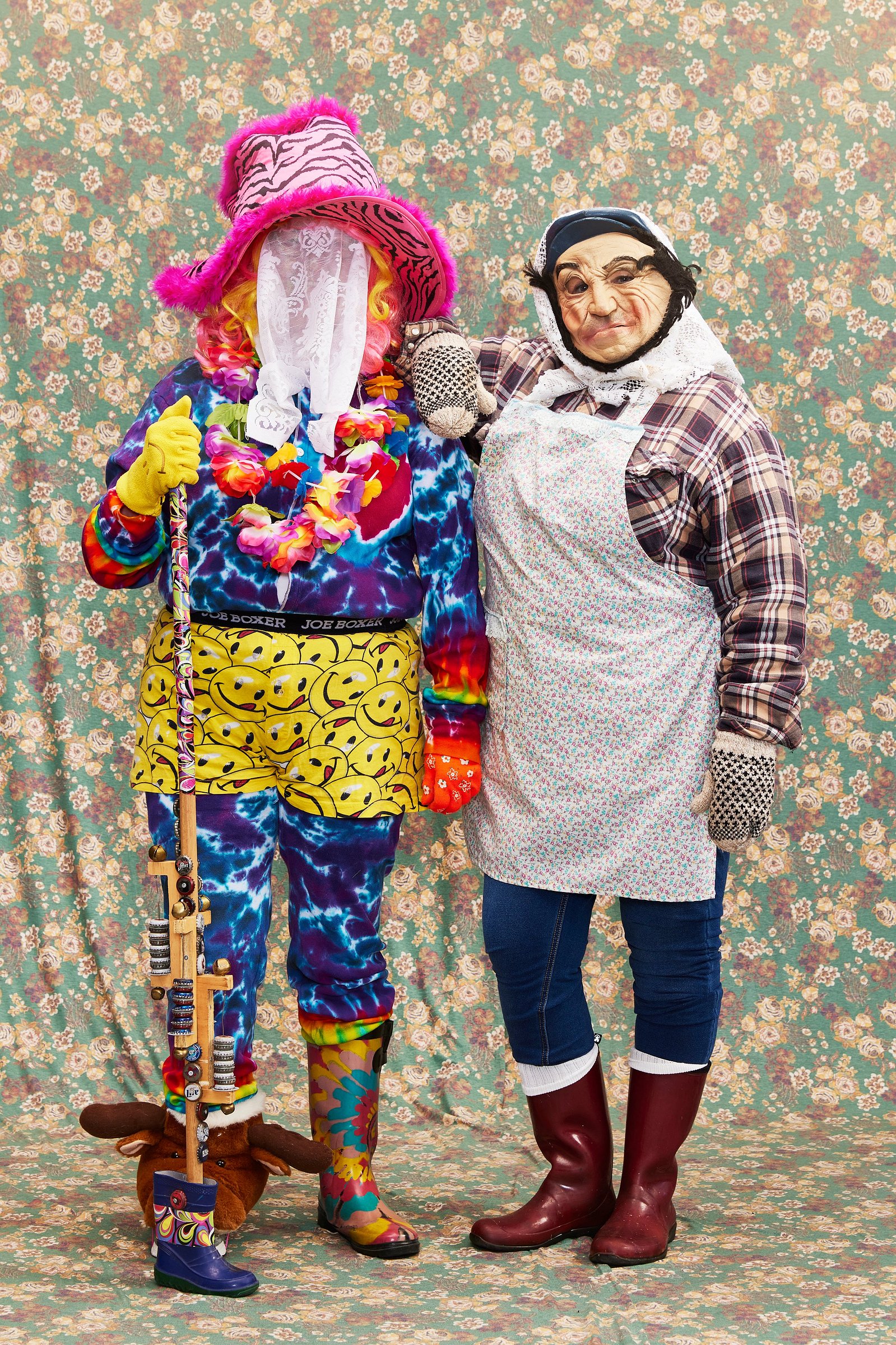 Portrait of two mummers in St John's, Newfoundland. Sharon Hynes & Helen Mackey were photographed by Adam Coish Photography in 2022.